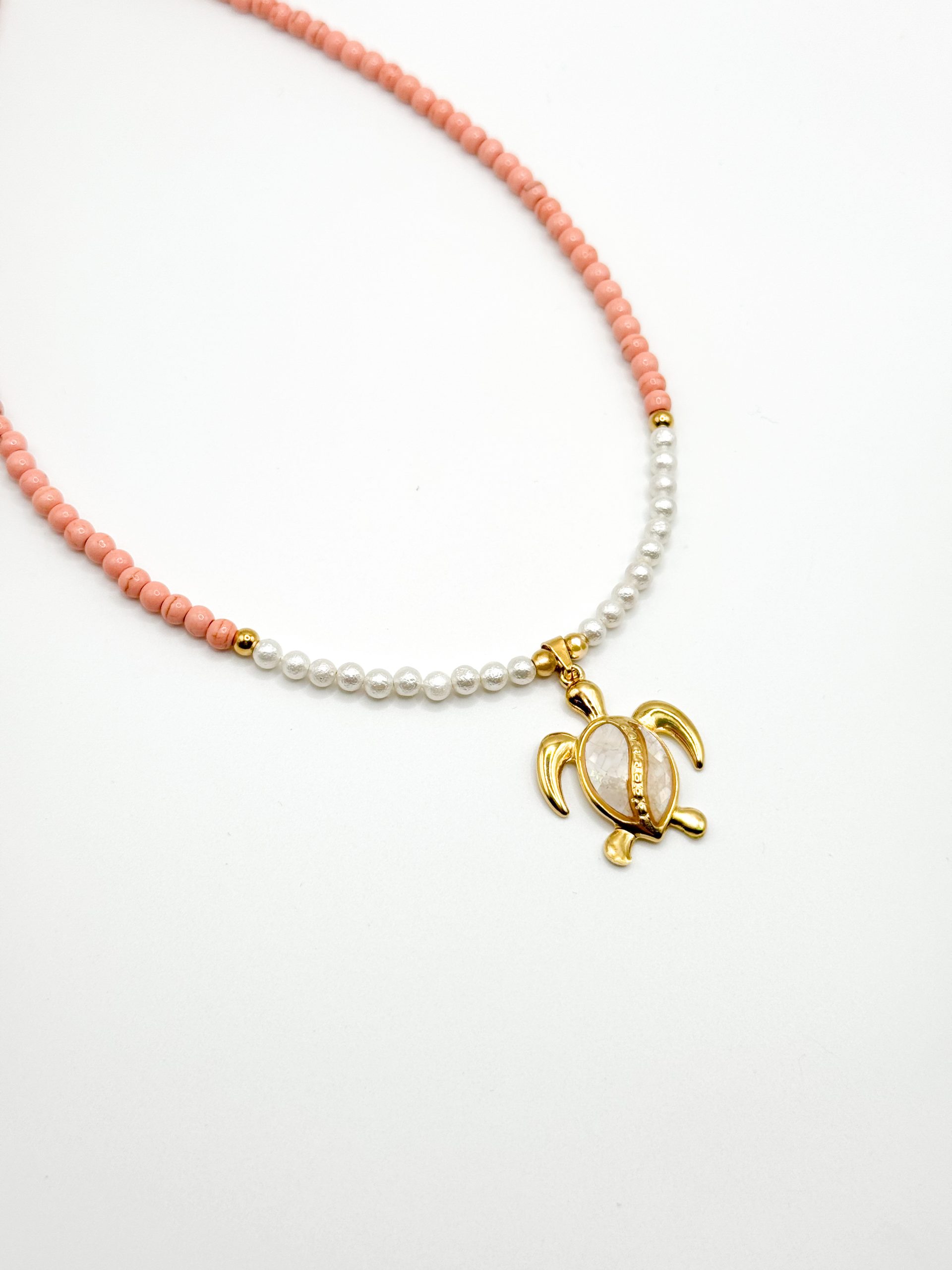 Turtle pendant necklace with pink & white beads